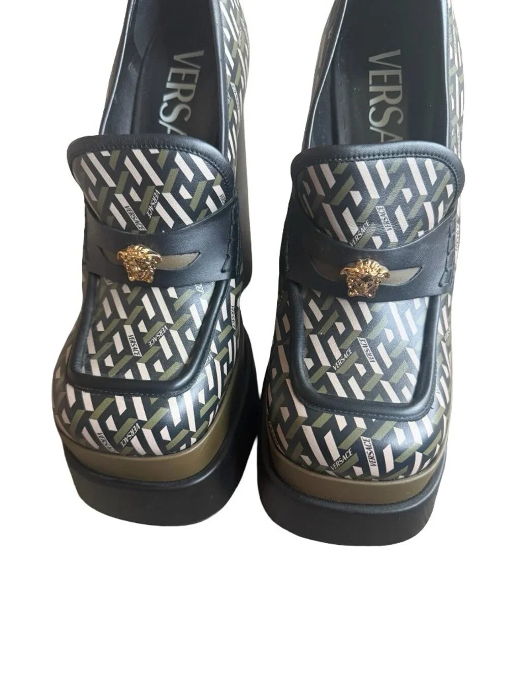 Versace La Greca Print Platforms Loafers Juno Gold Medusa Logo Designer Size 40